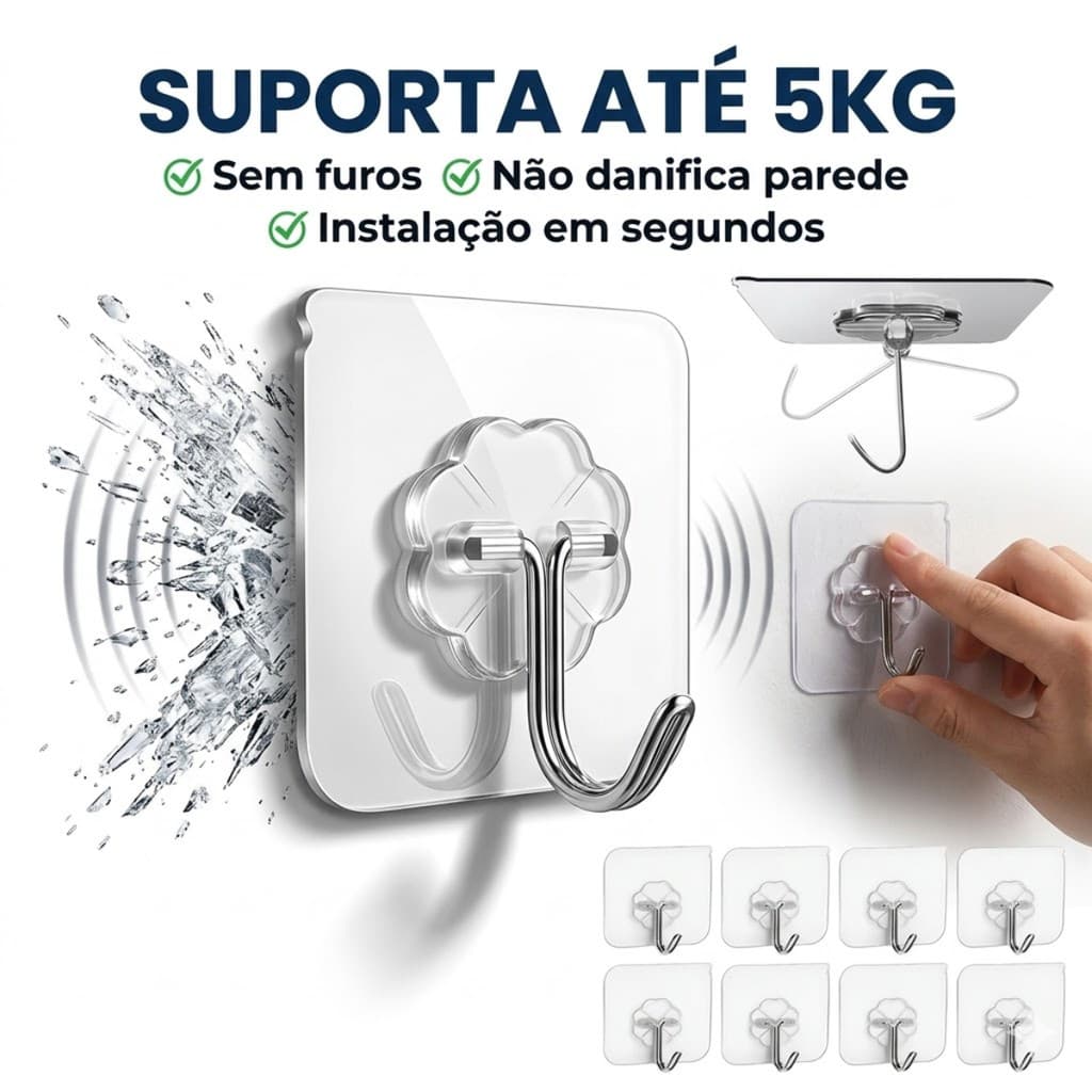 3/5/10/15 Ou 20 Ganchos Adesivos Transparente Sem Furadeira Organizador Parede Casa Resistente