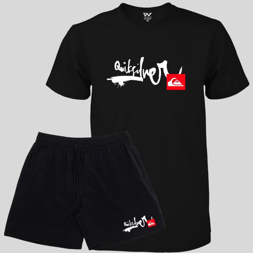 Conjunto Camiseta Algodão Quiksilver + Bermuda Masculina Com Elastano