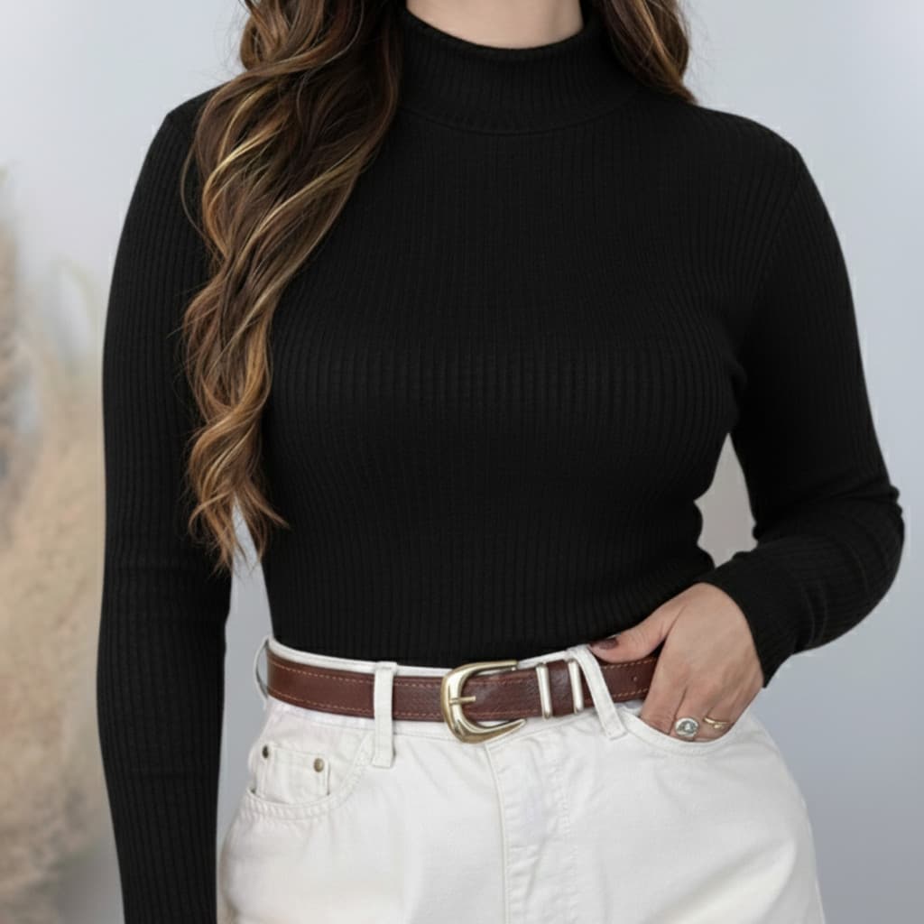 Blusa Basica Cacharrel Feminina Lisa Canelada Gola alta 3cm Segunda Pele Manga Cumprida Suplex Moda Inverno
