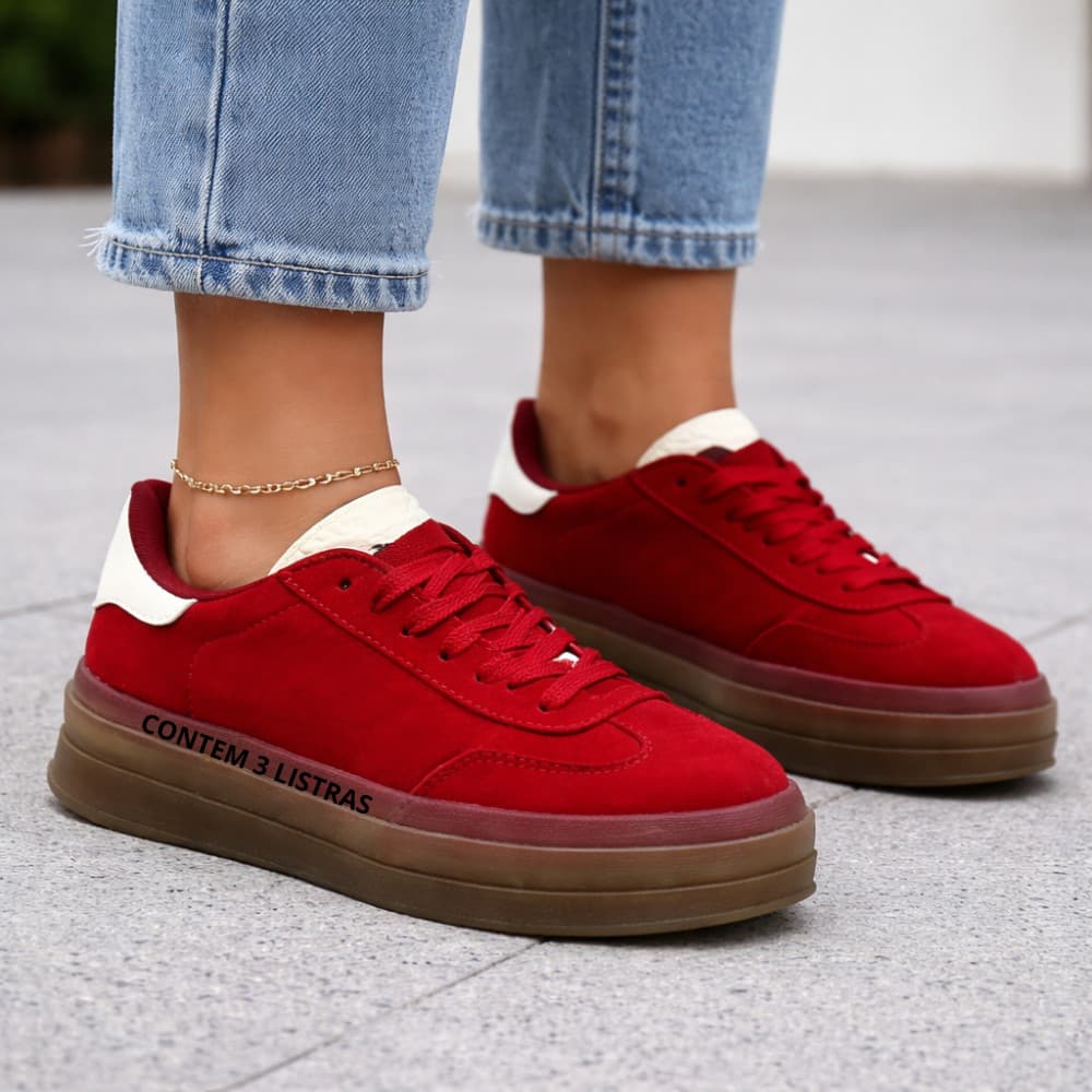 Tênis Feminino Sola Alta Couro Camurça Moda Blogueira