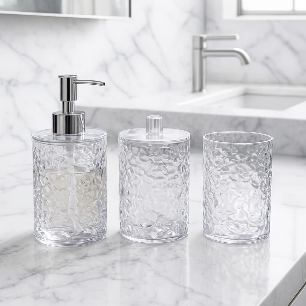 Kit 3 para Banheiro em Acrílico cristal com Porta Escova, Porta Algodão ou Cotonete e Porta Sabonete Líquido