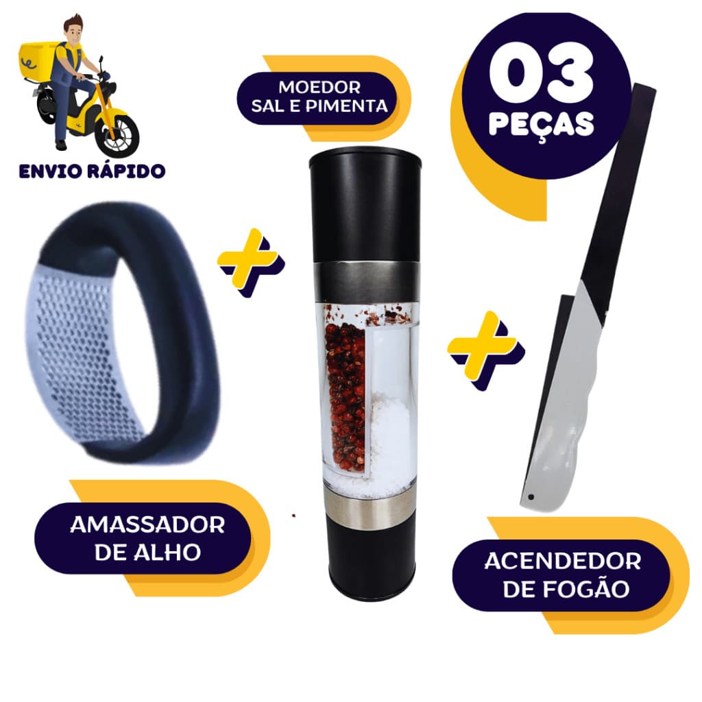 Kit 3 Peças Amassador de alho Moedor de Temperos Acendedor Para fogao