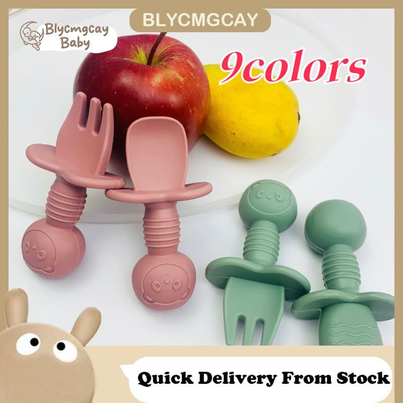 2Pcs Colher De Silicone Para Garfo Cabo Curto Treinamento De Alimentação Do Bebê