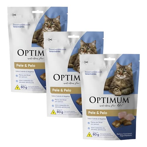 3x Petisco Optimum P/ Gato Pele E Pelo Salmão E Vegetais 80g