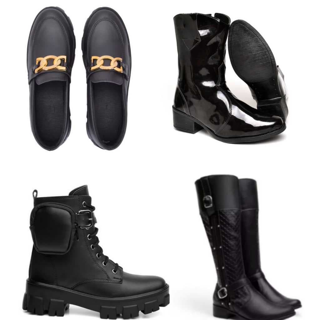 Coturno Feminino Tratorada C/ Bag PT + Mocassim com Metal PT + Bota Texana Verniz PT + Bota Montaria com Metal PT