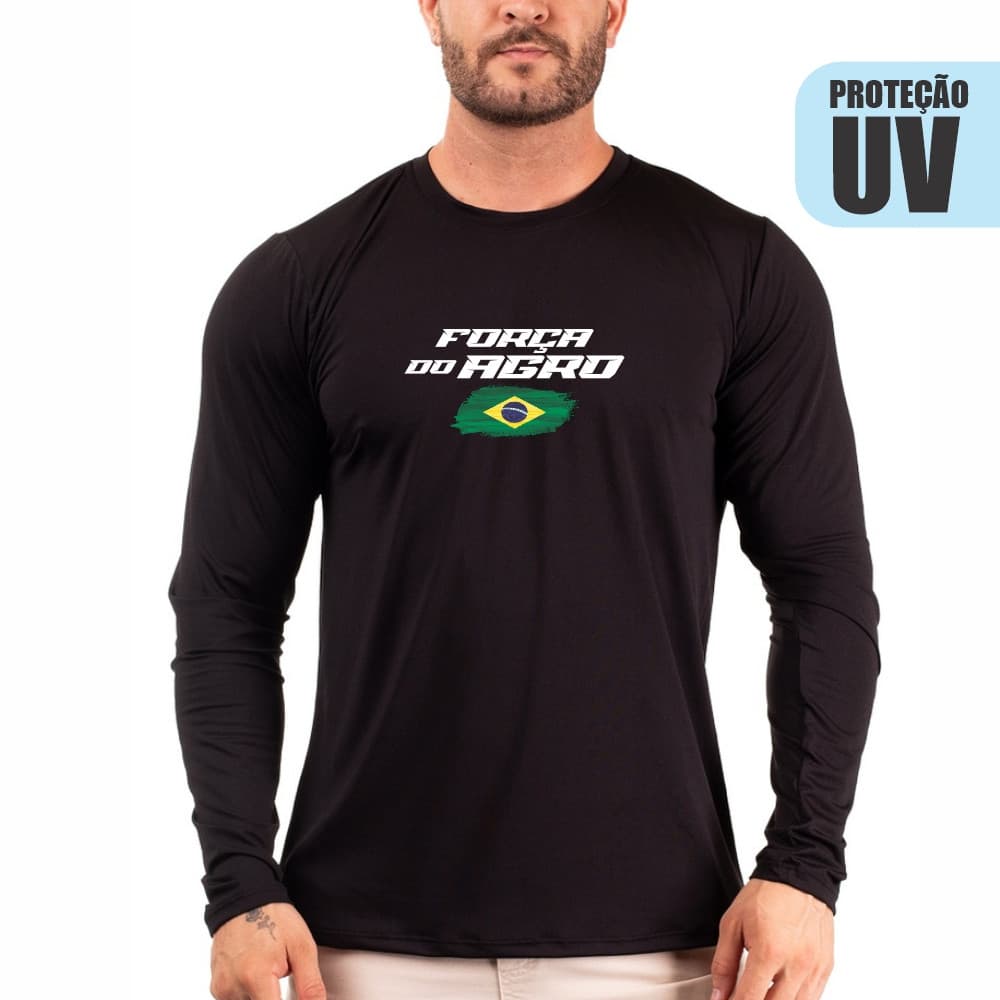 Camisa Camiseta Força do Agro Manga Longa Masculina Country Texas Farm Proteção UV Rodeio