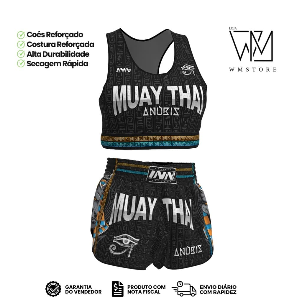 Conjunto Top e Short Muay Thai Feminino Anúbis Preto
