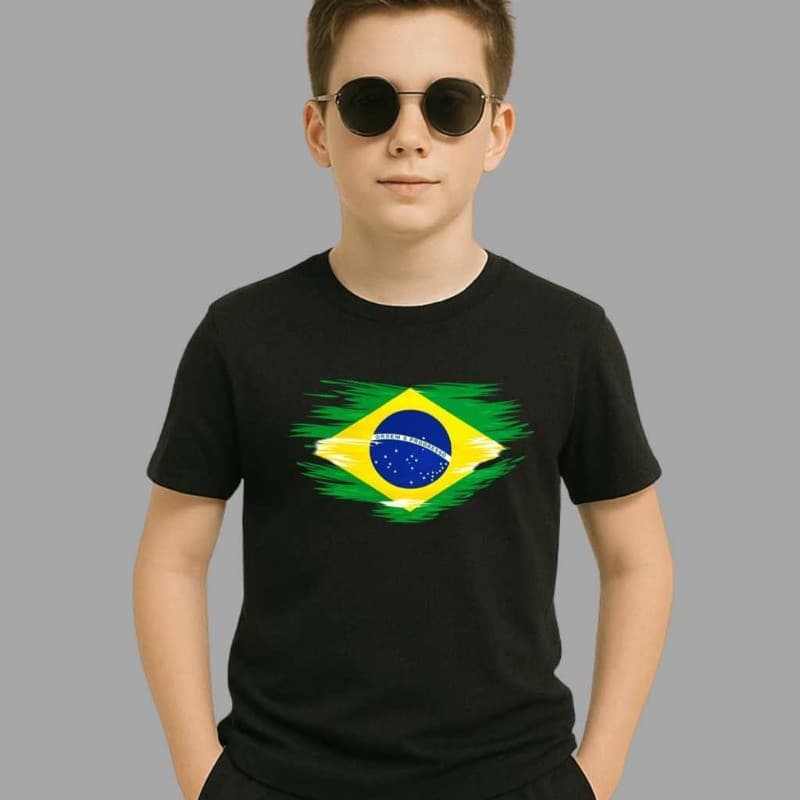Camiseta Algodão Unissex Torcedor Bandeira Brasil Copa do Mundo Dia a Dia Casual Infantil e Juvenil