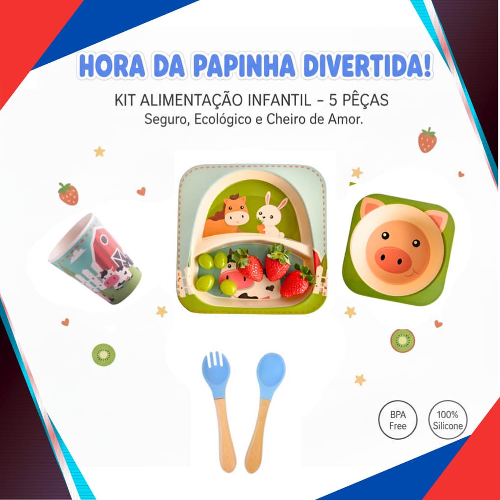 Conjunto 5 Peças Alimentação Infantil refeição, Fibra de Bambu Animais - Prato, Garfo, Colher e Copo