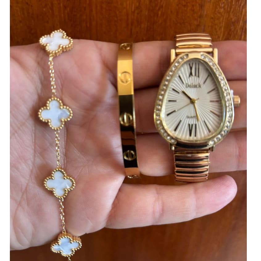 Kit Relógio Feminino Dourado com Bracelete e Pulseira Moda Elegante Acessórios Femininos Luxo