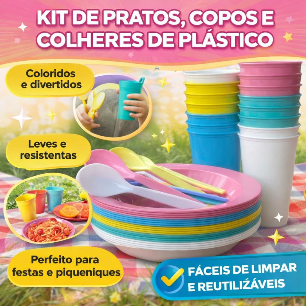 50 kits refeição lanche merenda aniversario escola cozinha infantil colorido reforçado não quebra