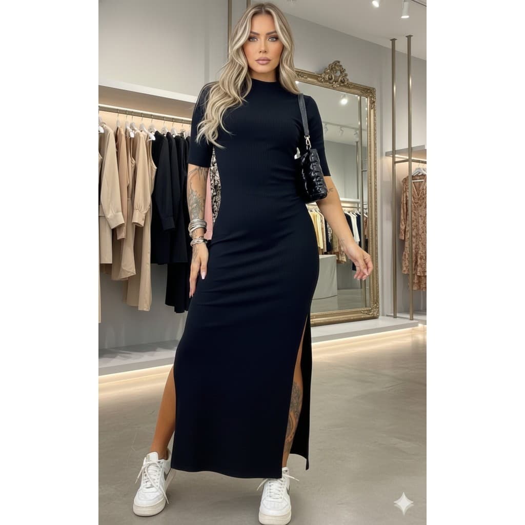 vestido feminino longo canelado justo fenda gola alta manga curta top moderno
