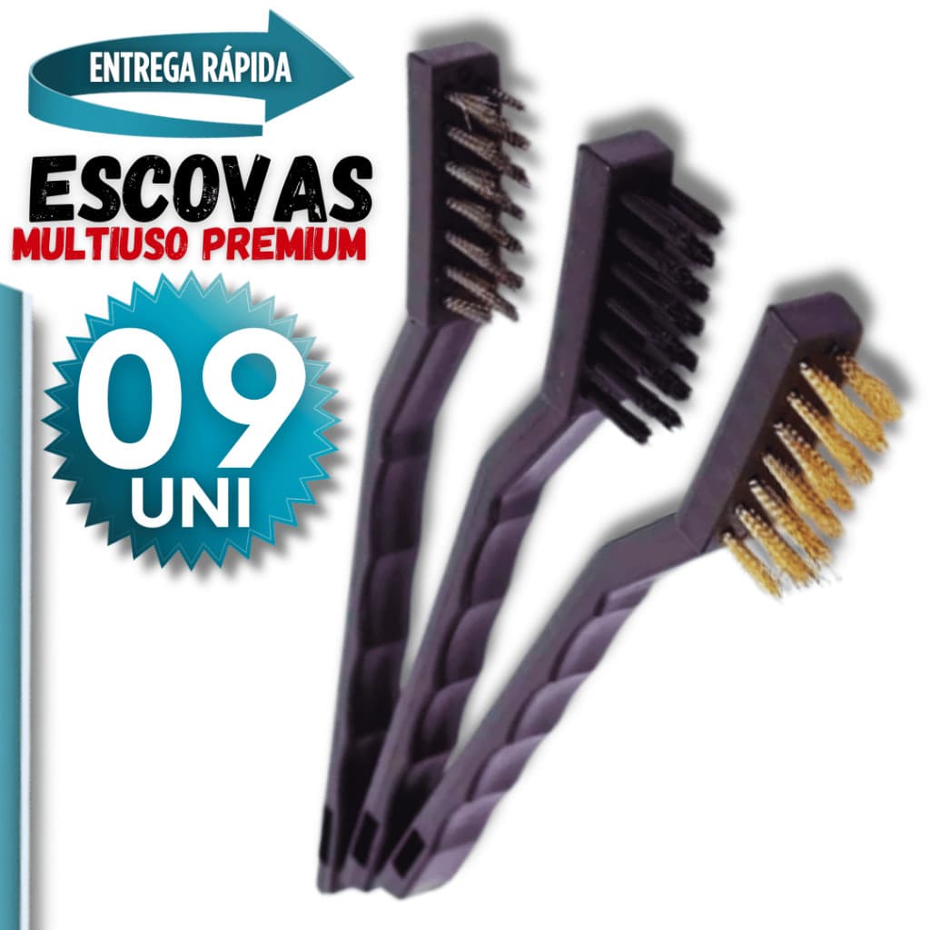 Conjunto 9 Peças Mini Escovas Cerdas Aço, Latão E Nylon, Cabo Anatômico Multiuso Utilidades Premium