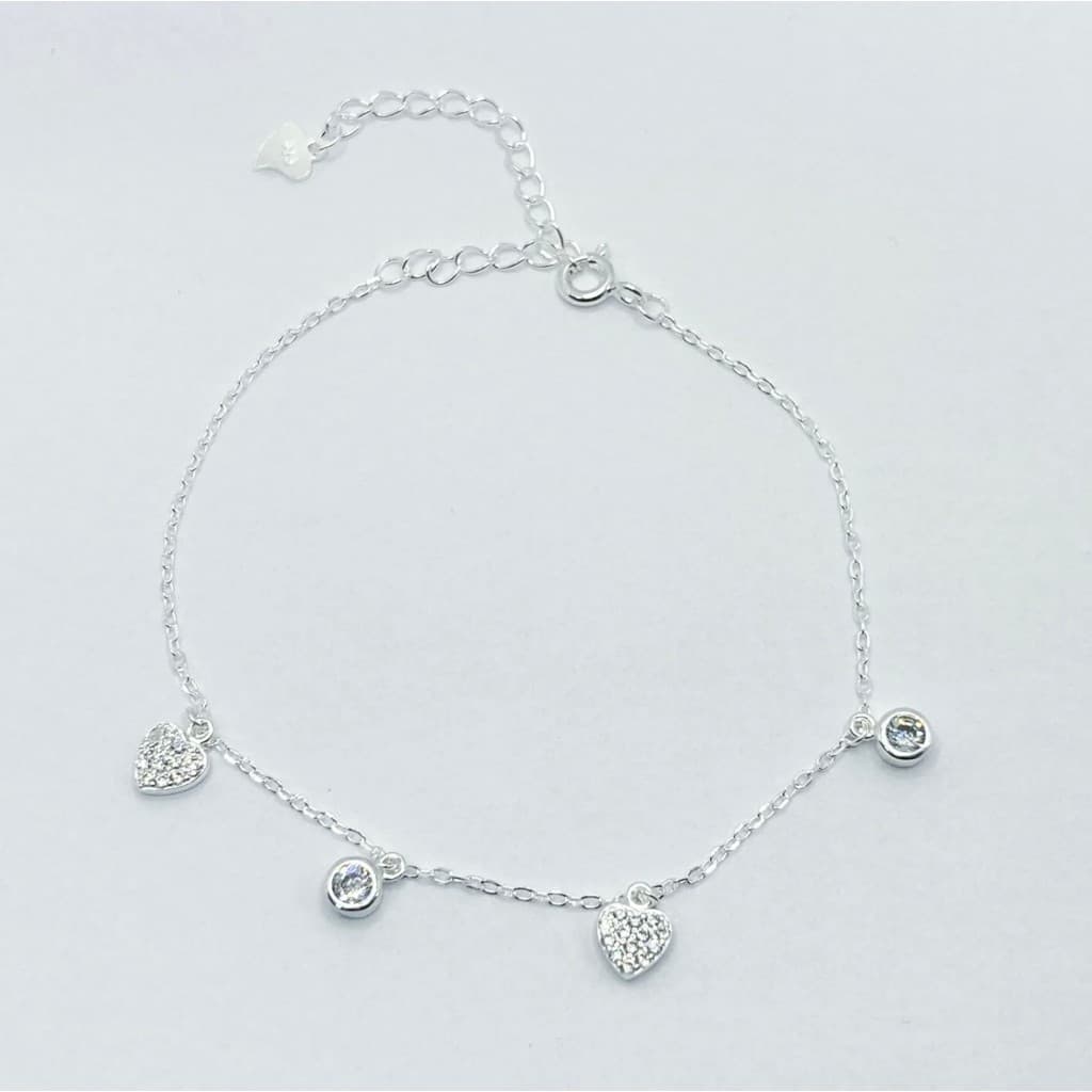 PULSEIRA PRATA 925 FEMININA CORAÇÕES PONTO LUZ PENDURADOS