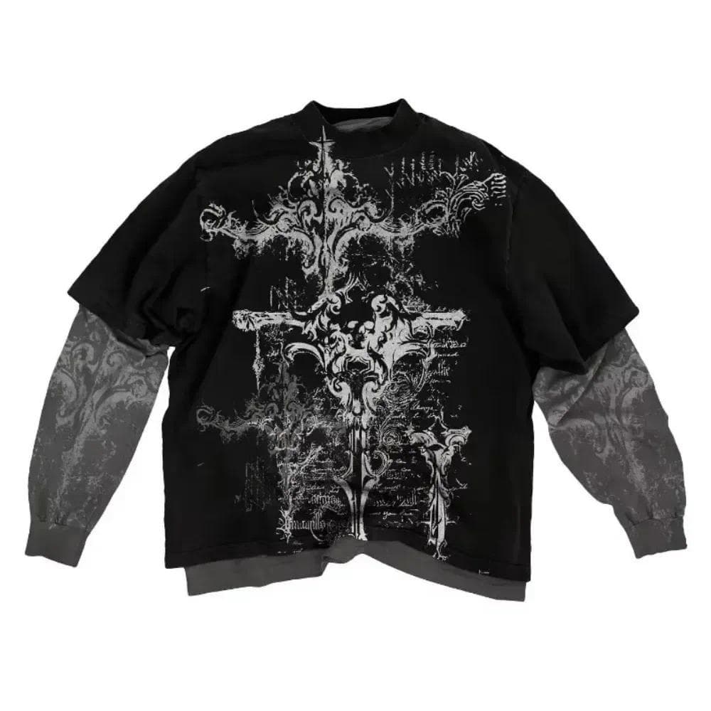 2000s Americano Crânio Padrão Manga Comprida T Camisa Moda Em Torno Do Pescoço Oversized Nova Masculina Casual Punk Roup