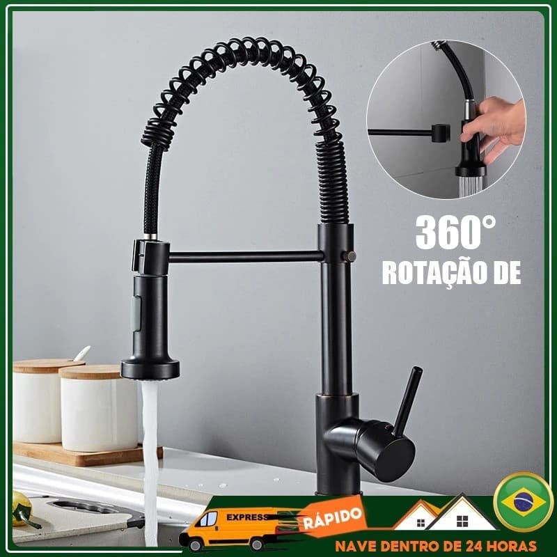 Torneira De Cozinha Gourmet De Alça Única Prateada Com Extensor De Spray E Tubo De Água Flexível Superior
