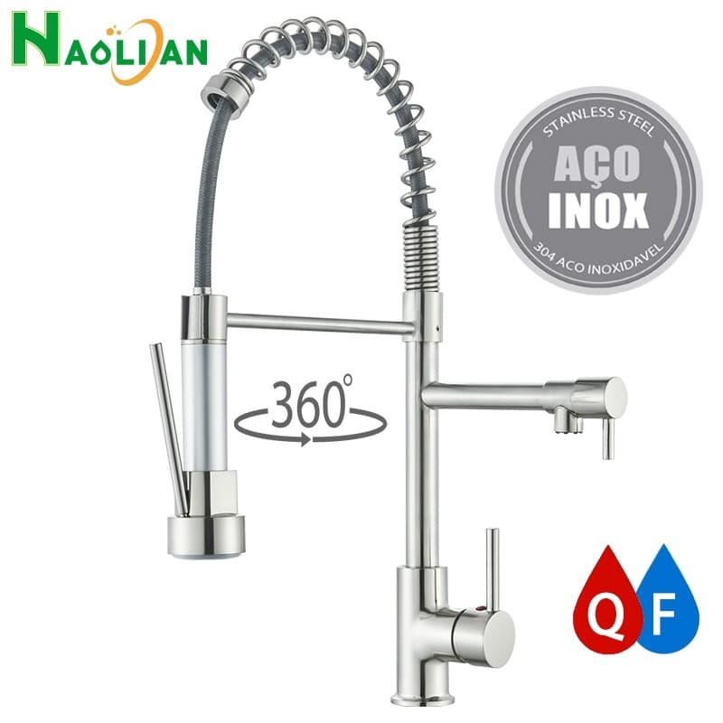 Torneira De Cozinha Gourmet De Alça Única Prateada Com Extensor De Spray E Tubo De Água Flexível Superior