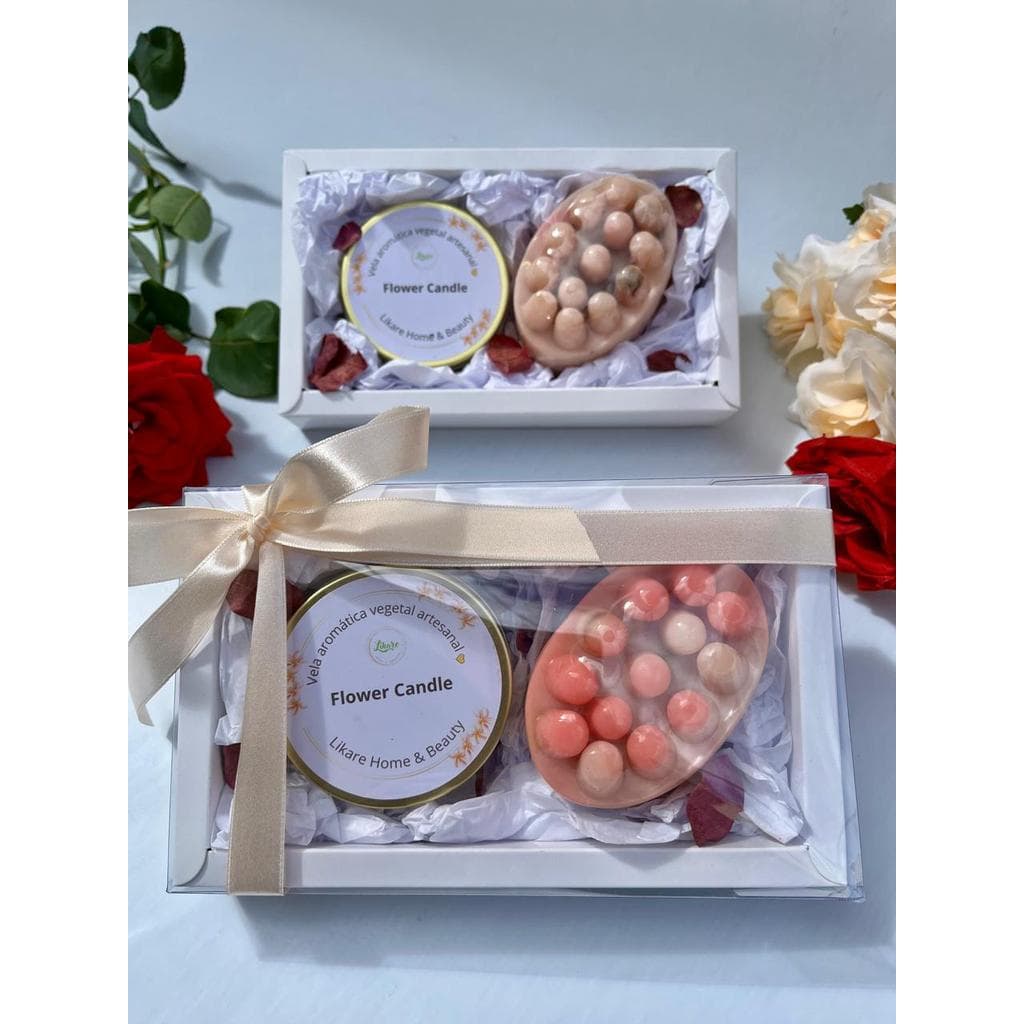 Kit Presente Vela Aromática e Sabonete Massageador Rosas
