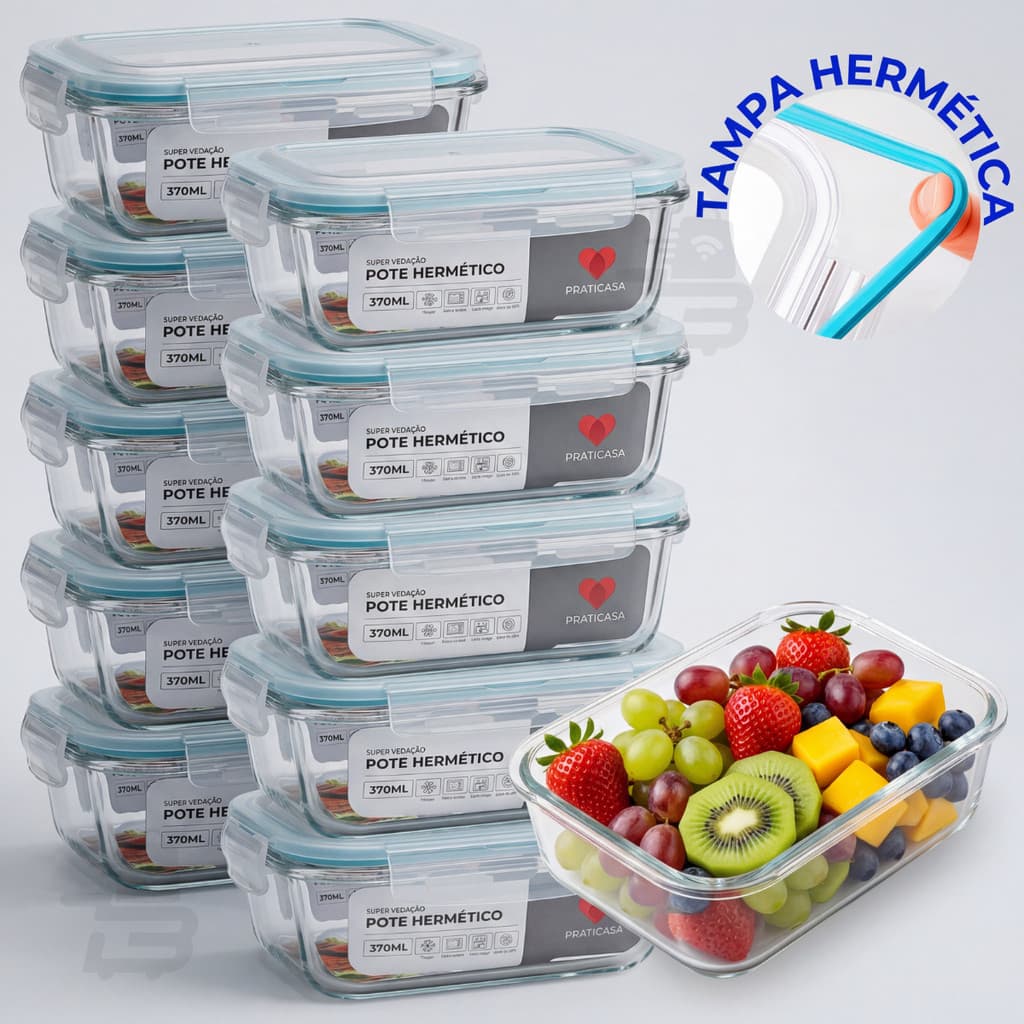 Pote Hermetico Vidro 370ml Kit Marmita Tampa Trava Anti Vazamento Microondas