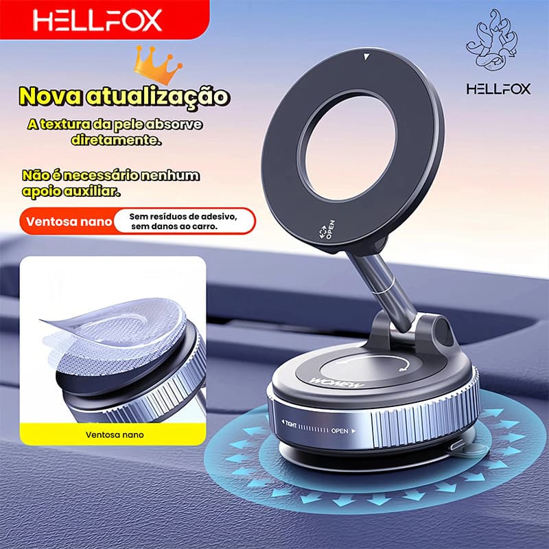 Suporte Magnético 360° Hellfox para Celular • Alta Qualidade Liga de Alumínio Fixação Forte Adsorção de Nano Cola
