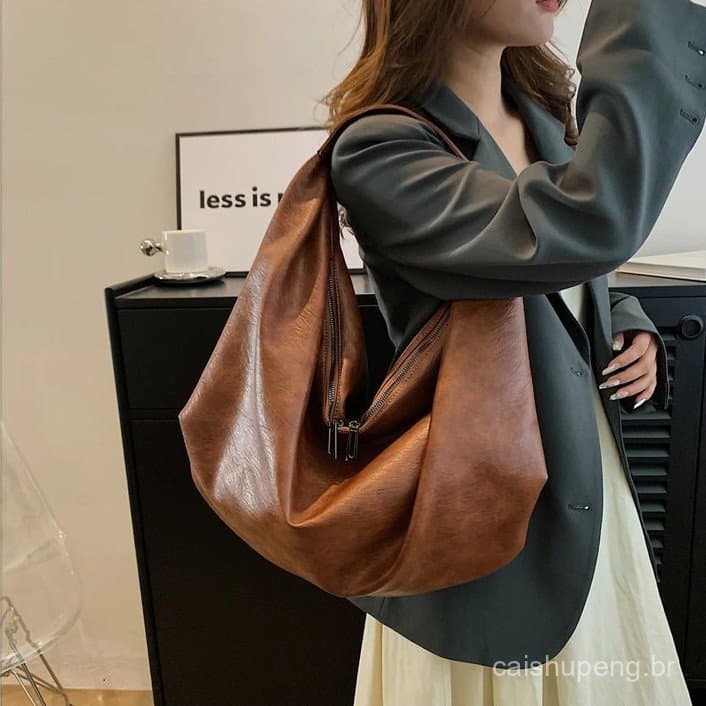 Bolsa de Ombro Feminina Retrô, Moda Europeia e Americana, Bolsa Grande de Couro PU Plissado para Mulheres HQTX