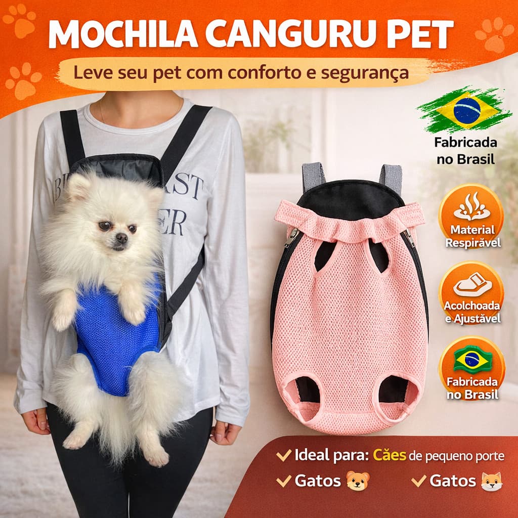 Bolsa Canguru pra Pet Passeio Viagem Alças Ajustaveis Confortavel Segurança Resistente - Cães e Gatos
