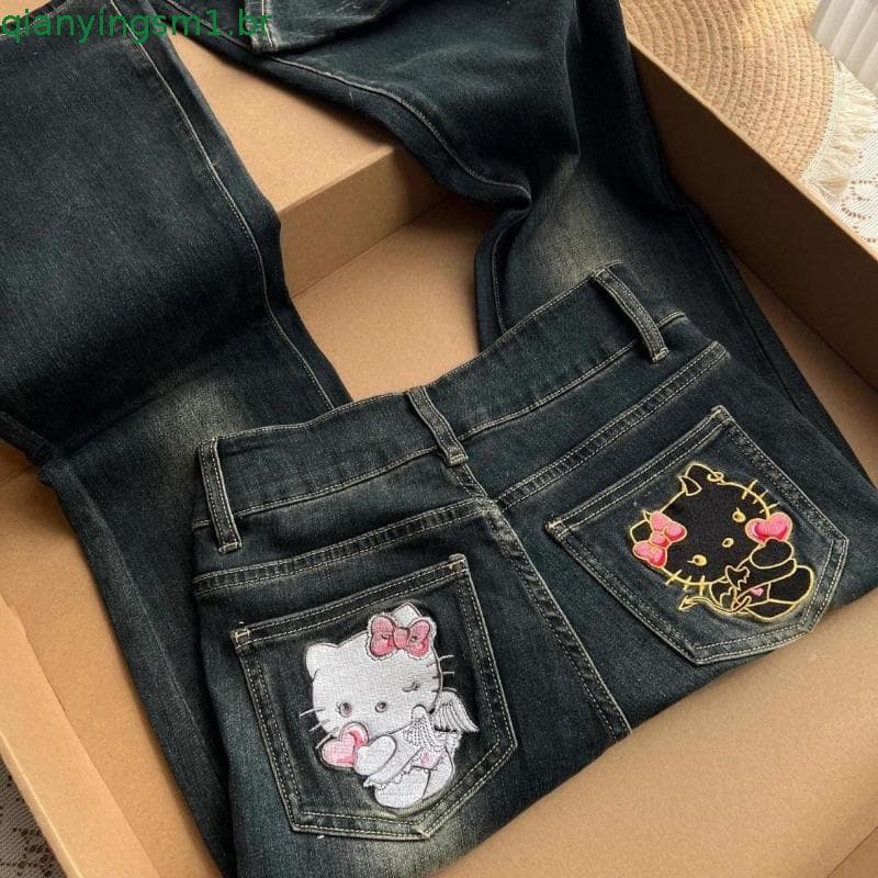 Calças Jeans Vintage Femininas com Patches de Gatinho, Estilo High Street, Slimming, Flare Longo