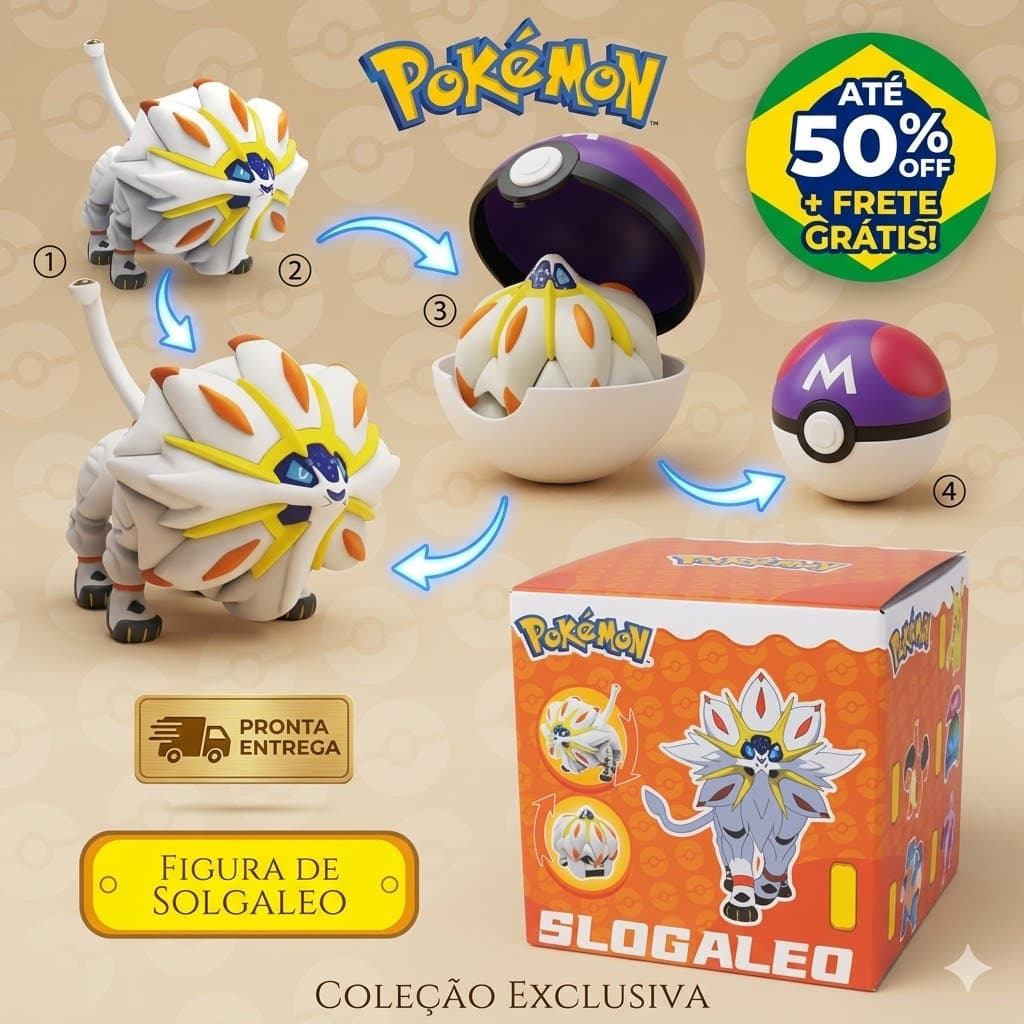 Solgaleo Pokémon Boneco de Ação Lendário Vira Pokébola - Brinquedo Articulado Premium