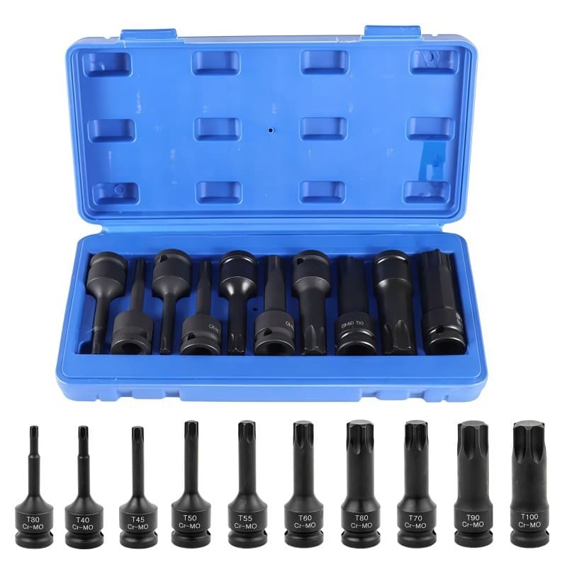 Jogo De 8 Soquetes Torx De Impacto Encaixe 1/2 Pol T30 A T80 - Kit Profissional Em Aço Cromo Molibdênio