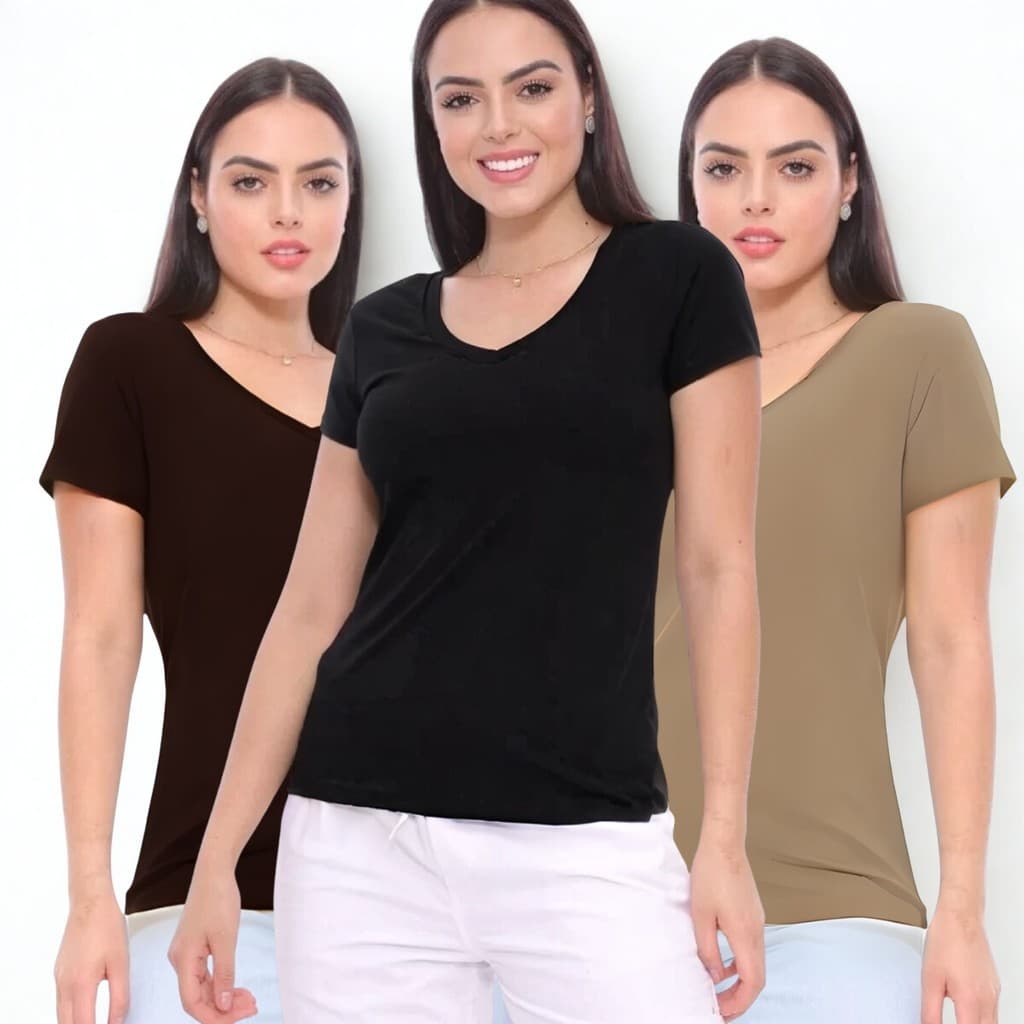 Kit 3 ou 2 Blusa Manga Curta Feminina BabyLook Casual P ao G1 Plus Size Viscolycra