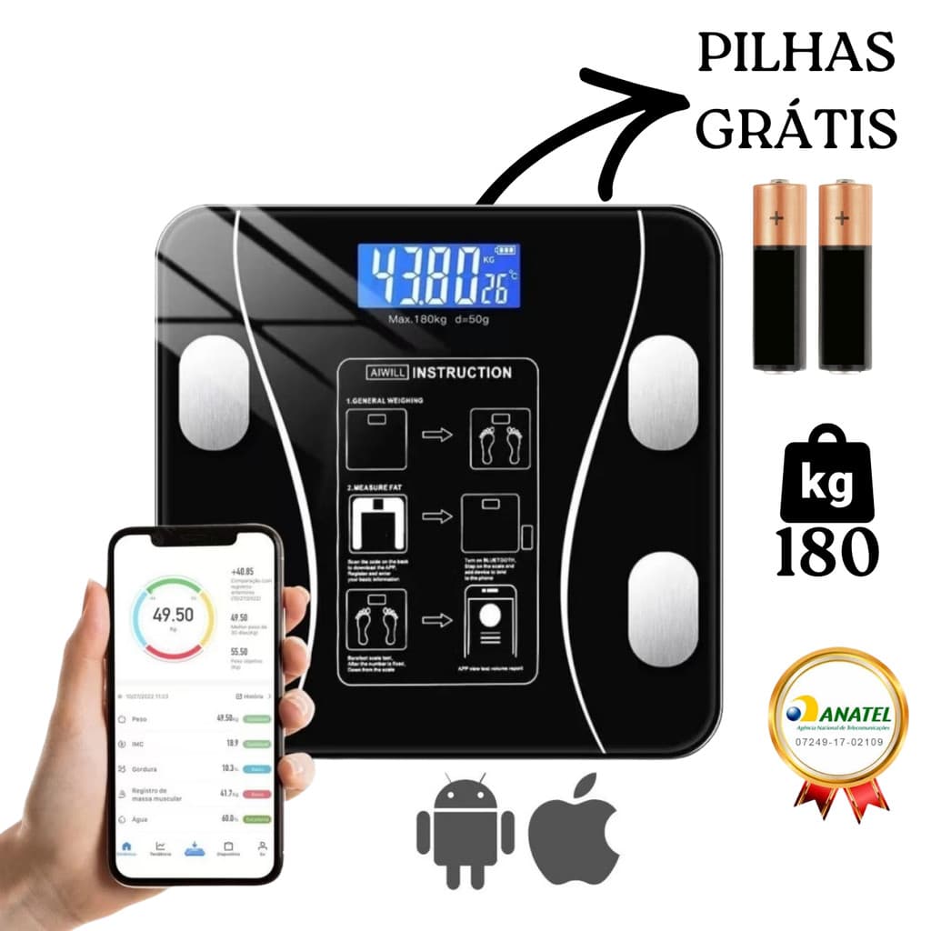 balança bioimpedância com Aplicativo balança digital corporal 180Kg balança corporal Medidora