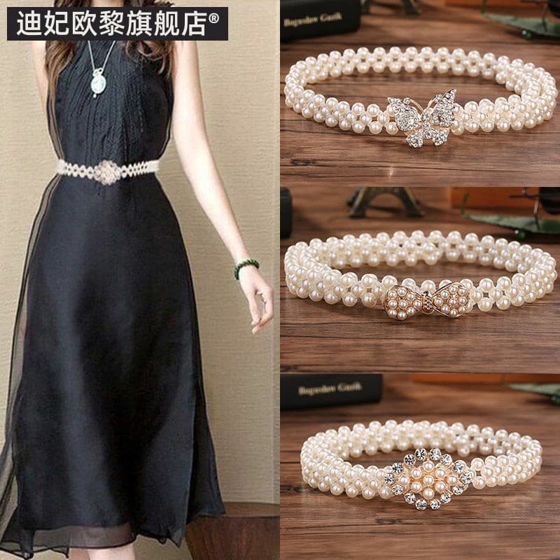 Corrente de cintura de pérola feminina cinto decorativo combinando vestido fino elástico elástico cintura selo All-Match