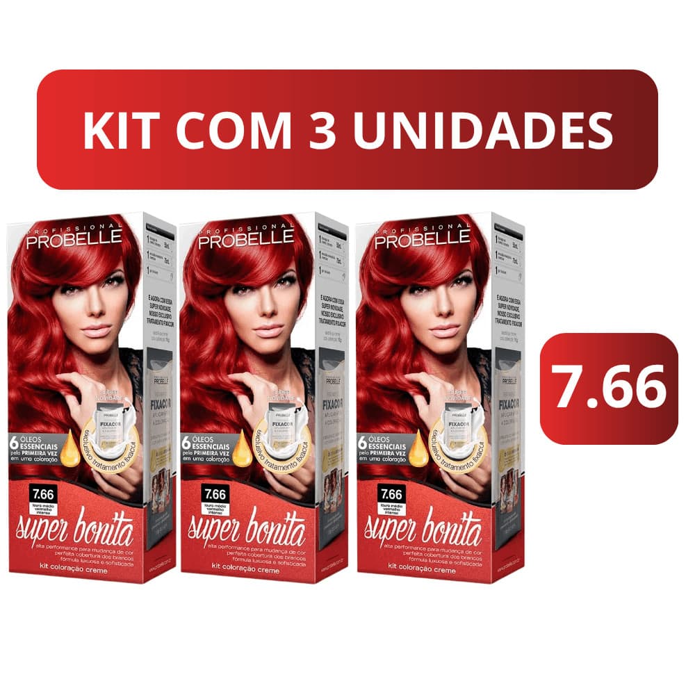 Kit 03 Tinta de Cabelo Probelle 7.66 Loiro Médio Vermelho Intenso – Brilho e Maciez aos Fios