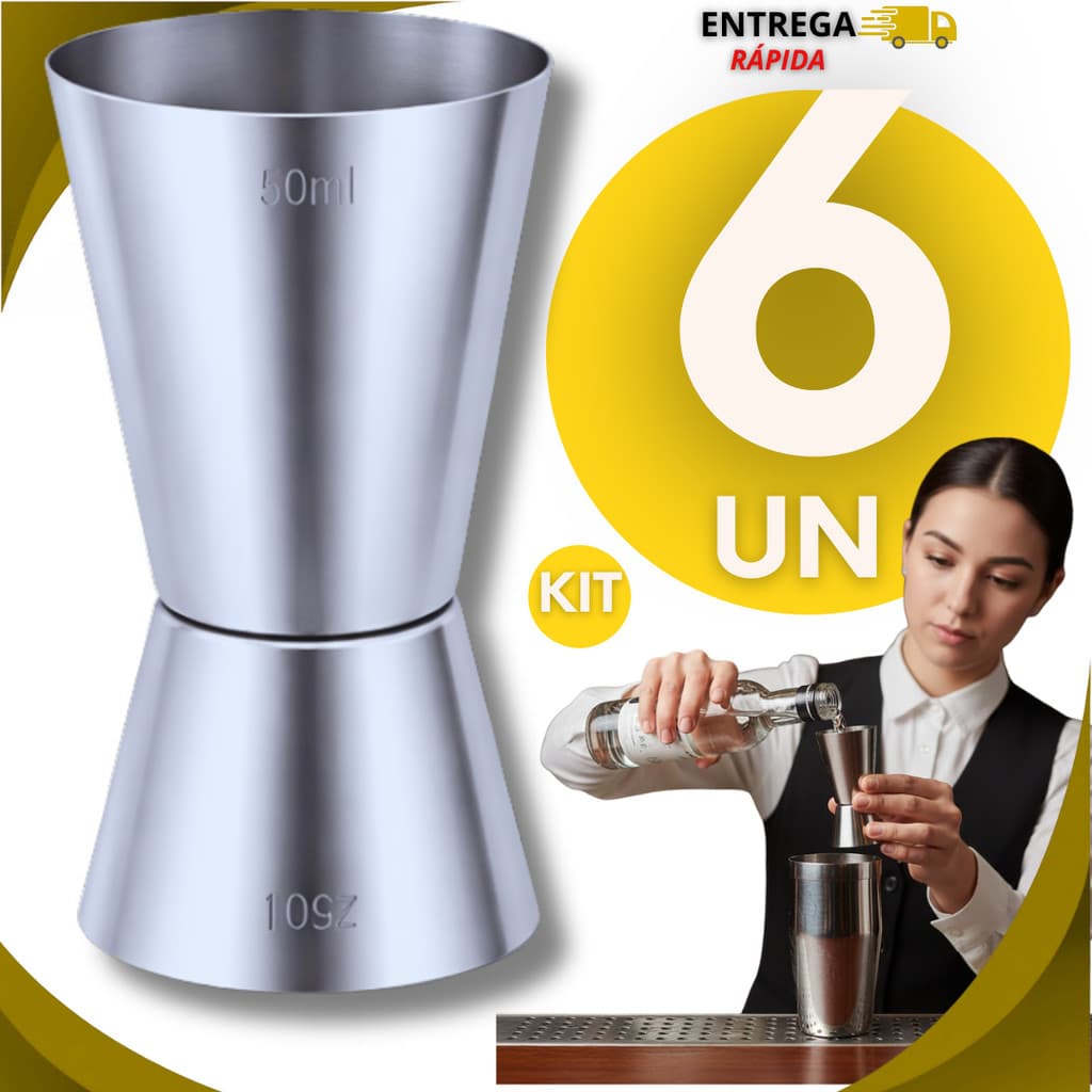 Jogo 06 Dosador Duplo Para Drinks Aço Inox 25ml e 50ml Bar Drink Barman Bebidas Caipirinha