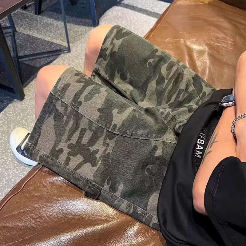 Americano Retro camuflagem macacão Shorts masculino verão na moda costura Design calças de cinco pontos solto Jeans casu