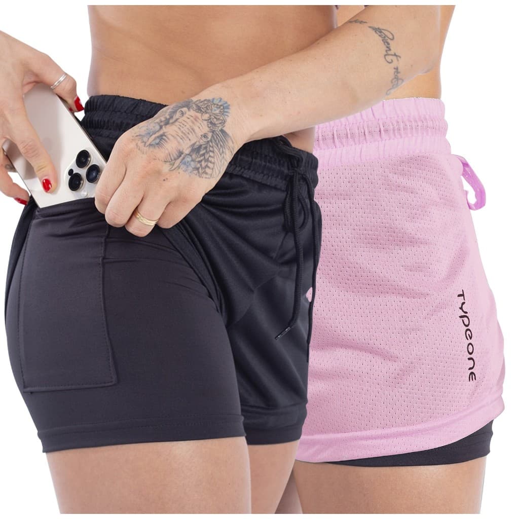 Kit 2 Shorts Feminino Duplo 2 em 1 Bermuda Academia CrossFit Bolso Oculto Celular Corrida Fitness