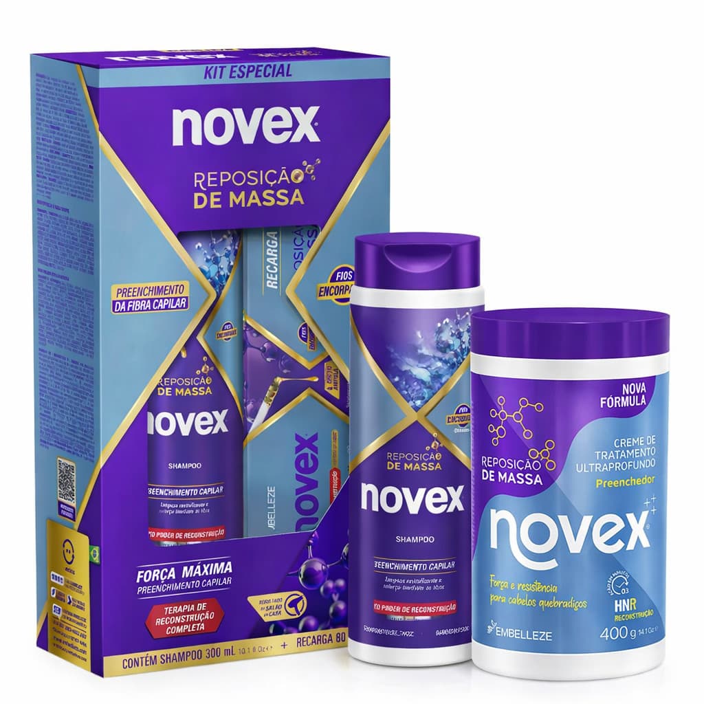 Kit Novex Reposição de Massa Shampoo 300ml + Recarga 80g + massa 400g | Reconstrução Capilar Profunda | Força Máxima
