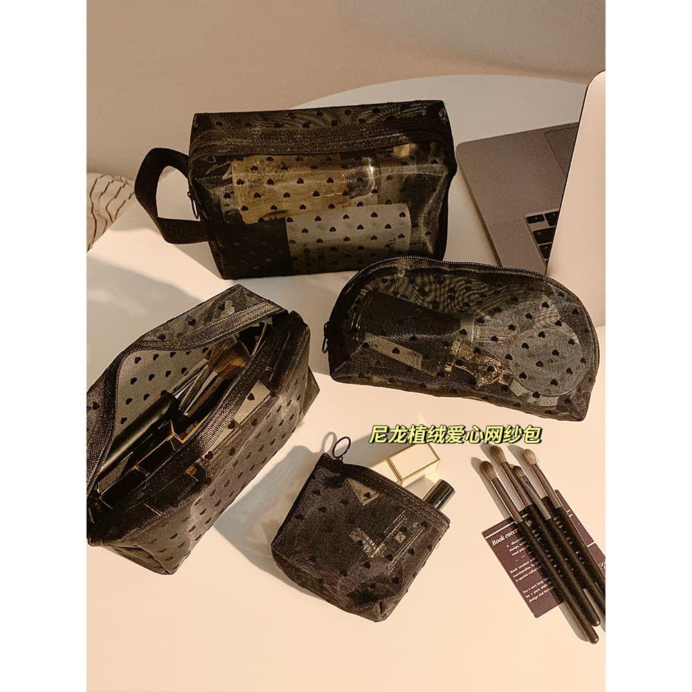 Preto gaze transparente Mini saco cosmético feminino portátil viagem batom pincel de maquiagem grande capacidade saco de