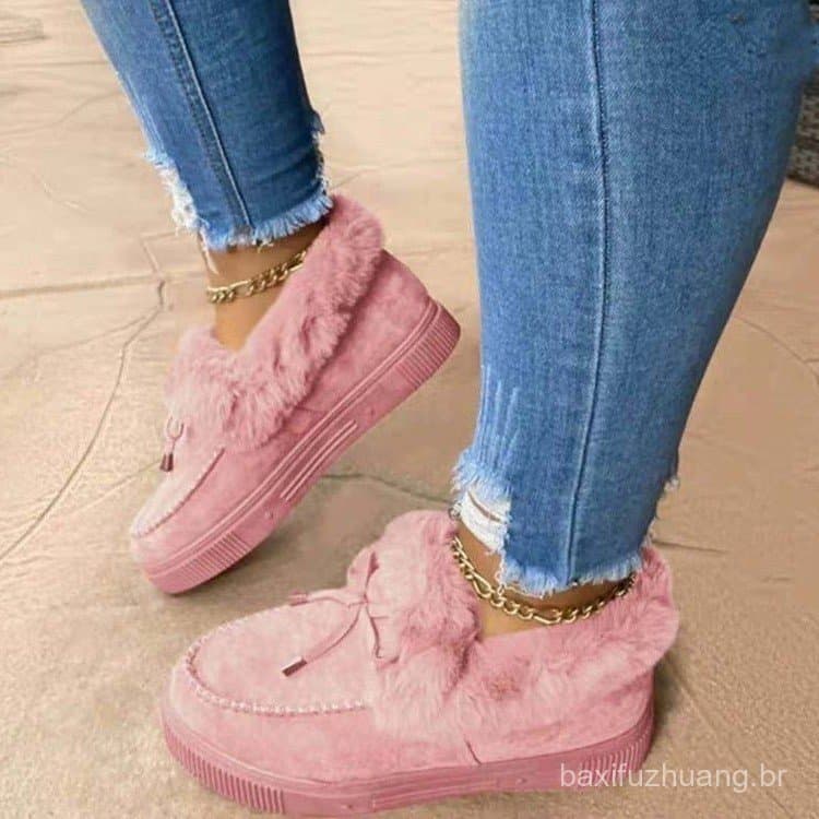 2023 Cross-Border outono inverno botas de algodão femininas forro de lã engrossado baixo-Top quente peludo sapatos de al