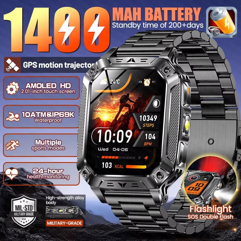 2026 Ao Ar Livre Durável Masculino Esportes Smartwatch Relógio Inteligente 1400mAh Bateria Lanterna LED IP69K À Prova Di