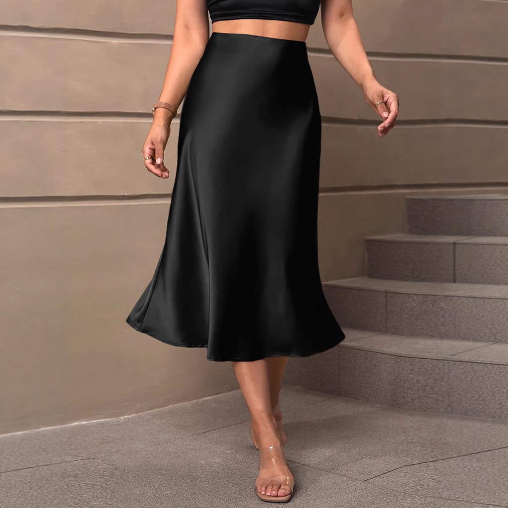Saia Feminina Elegante e Fashionável de Cintura Alta em Seda Satinada, Comprimento Médio, Elástica, Casual e Versátil, M