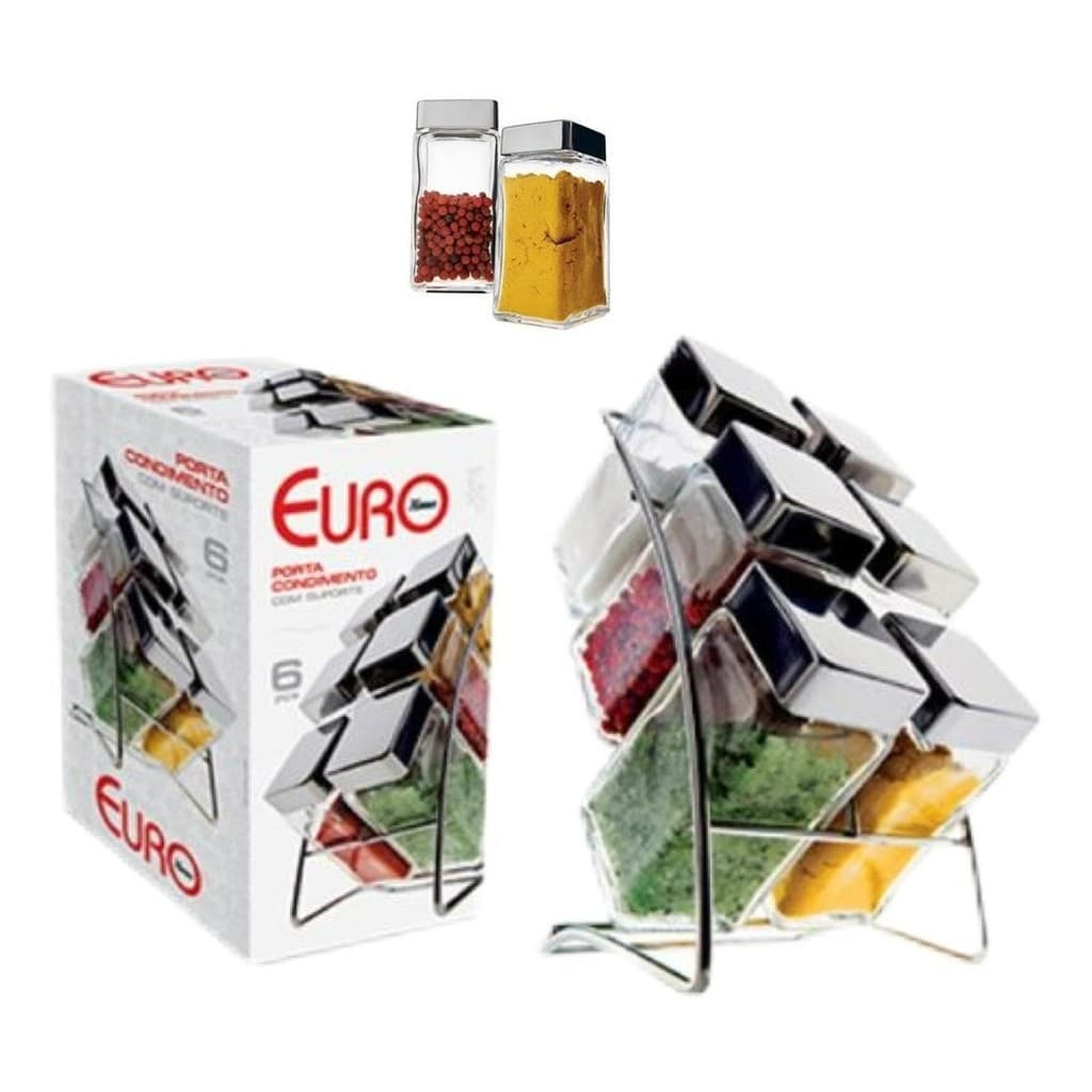 Porta Temperos Inox Euro com 6 Potes de Vidro Organizador de Cozinha Mesa