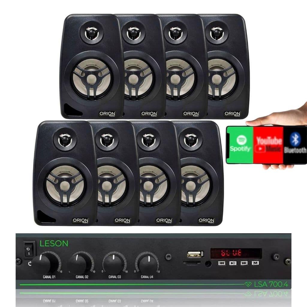 Kit Amplificador Receiver Som Ambiente Leson  Bluetooth 700.4 + 8 Caixas De Som Acustica Alto Falante Audio Potente