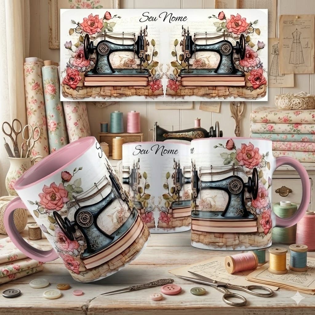 Caneca Xicara de Costureira 3D Maquina Antiga Com Nome Personalizado - Cerâmica 325ml