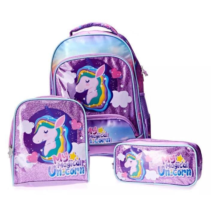 Kit Mochila Escolar Infantil de Rodinhas Unicórnio Menina Bolsa Resistente Impermeável Com Lancheira e Estojo
