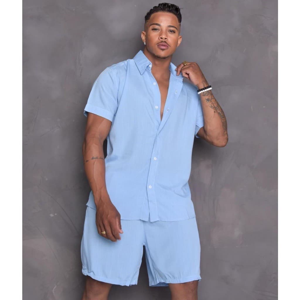 Conjunto Camisa e Short Florido Havaiano Estampado Listrado Adulto Masculino Tecido de Viscose