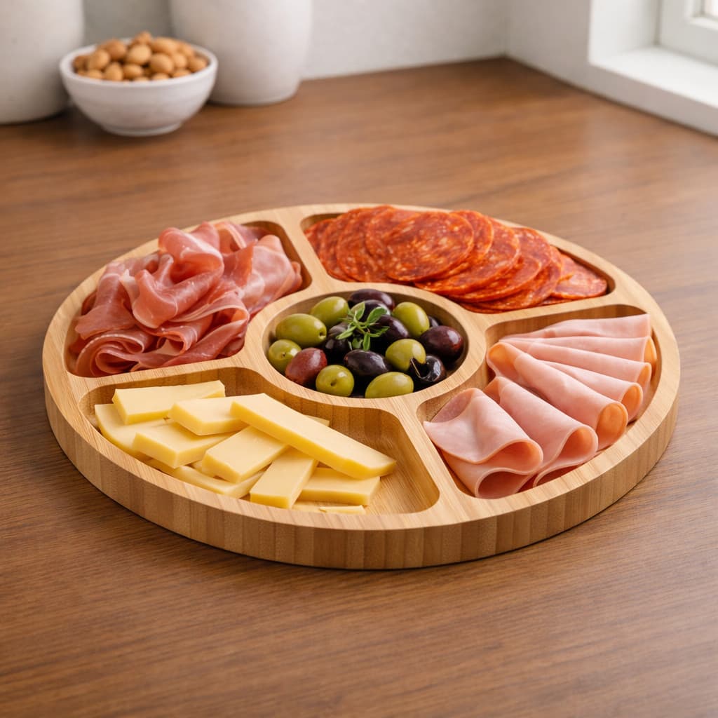 Petisqueira Redonda de Bambu com 5 Divisórias de 25cm | Ideal para Petiscos, Frios e Aperitivos