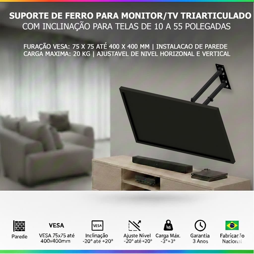 SUPORTE ARTICULADO TV FIXADO NA PARA TV DE 10″ A 55″  TRIARTICULADO COM INCLINAÇÃO – LONGO