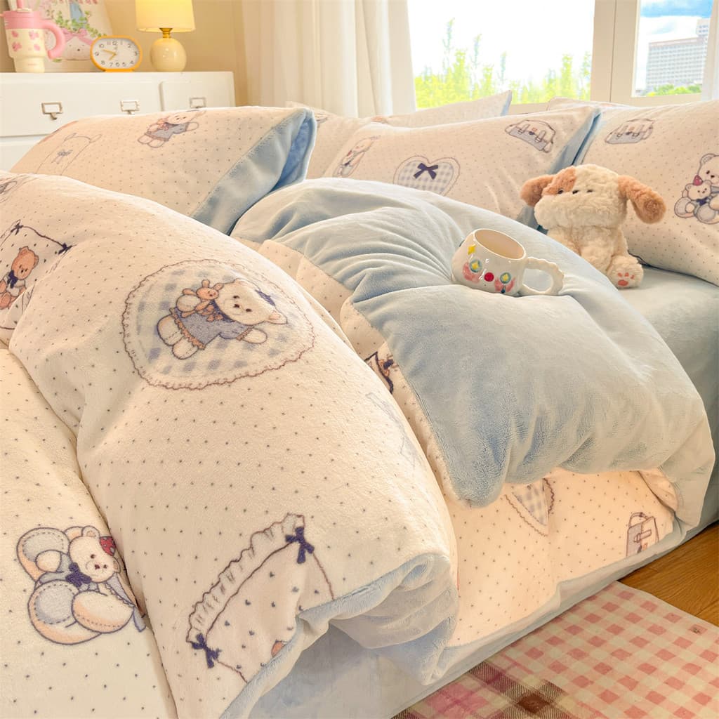 Estilo bonito leite veludo conjunto de quatro peças dupla face veludo engrossado inverno Coral flanela dormitório estuda