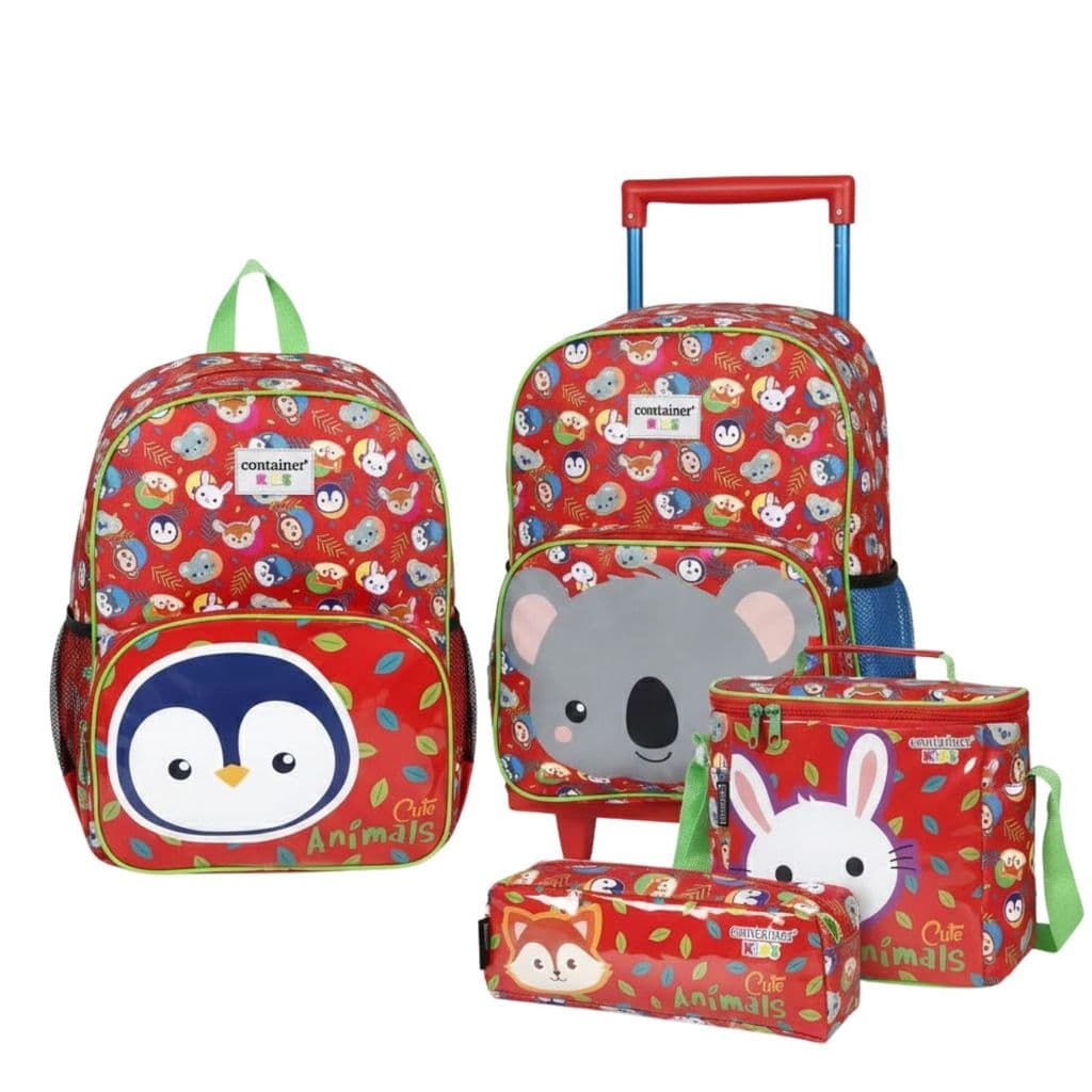 Kit Mochila Rodinhas Infantil Container Kids Animais Mochila Costas Lancheira e Estojo 4 Peças